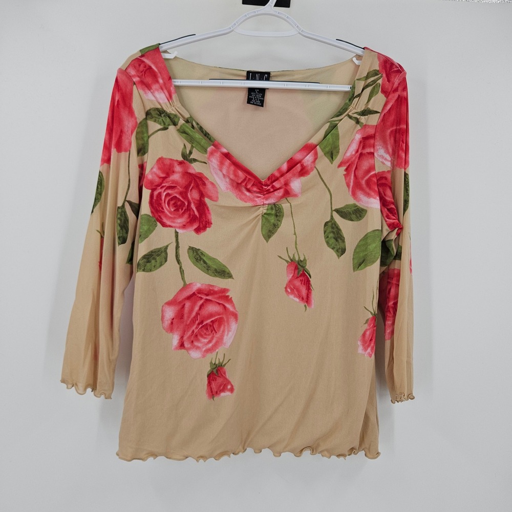 Vintage Y2k International Concepts Rose Floral Mesh Top Brown Red 3/4 Sleeve L